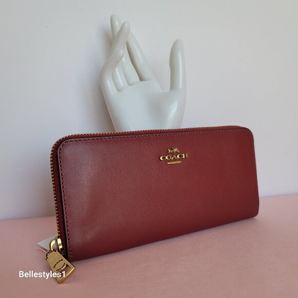 COACH Slim Accordion Smooth Calf Leather Zip-Around Wallet- Cherry color - Picture 4 of 16